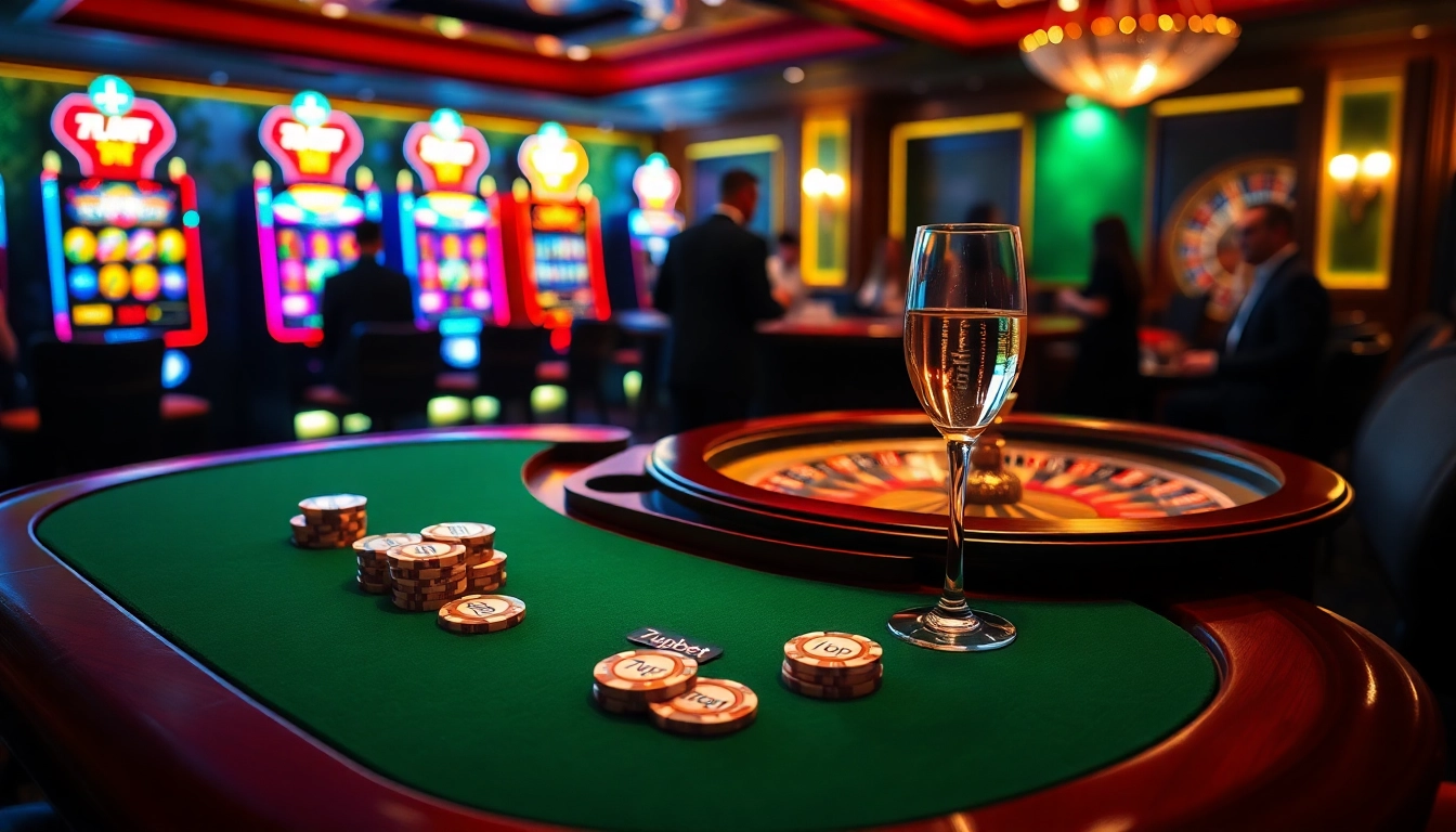 High-stakes poker at 7upbet's luxurious casino featuring vibrant slot machines and poker chips.