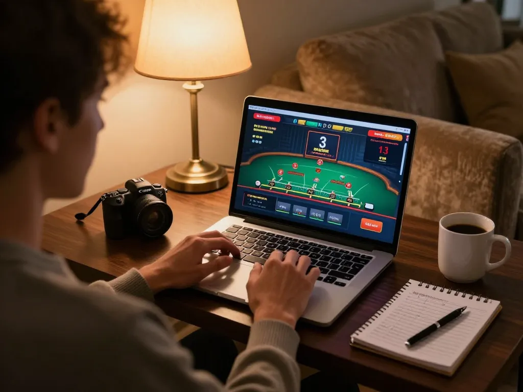 Engaging in casinò americani online on a laptop, showcasing live dealer Blackjack gameplay and smart betting strategy notes.