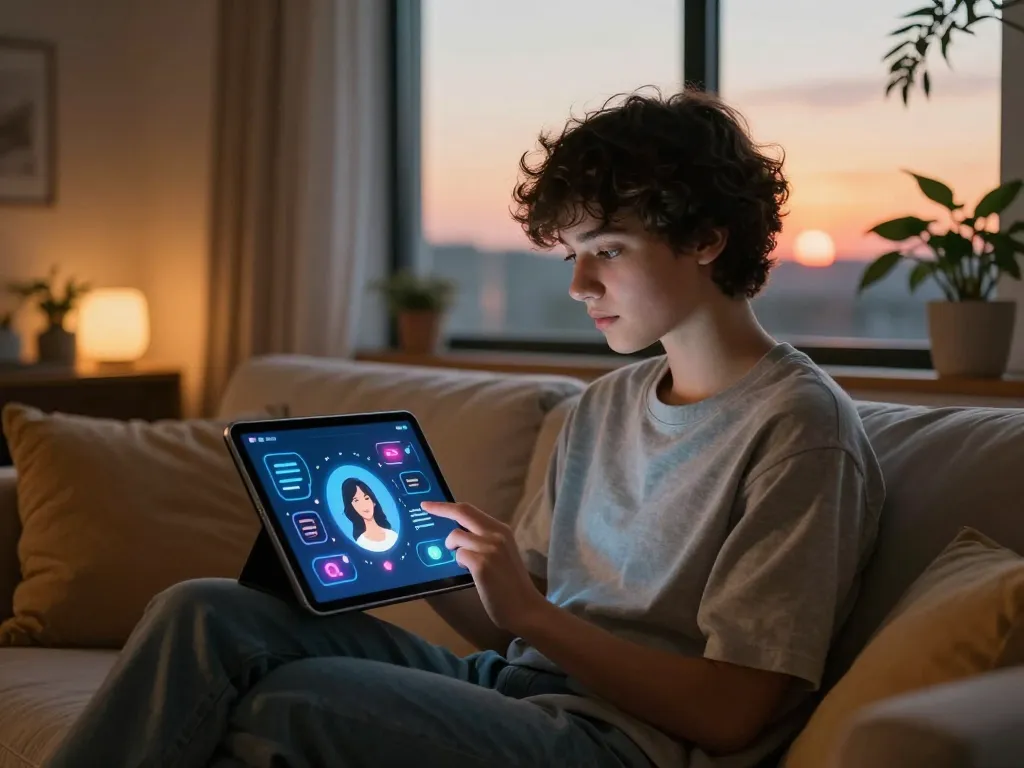 Engaging with an AI girlfriend app in a cozy digital setting.