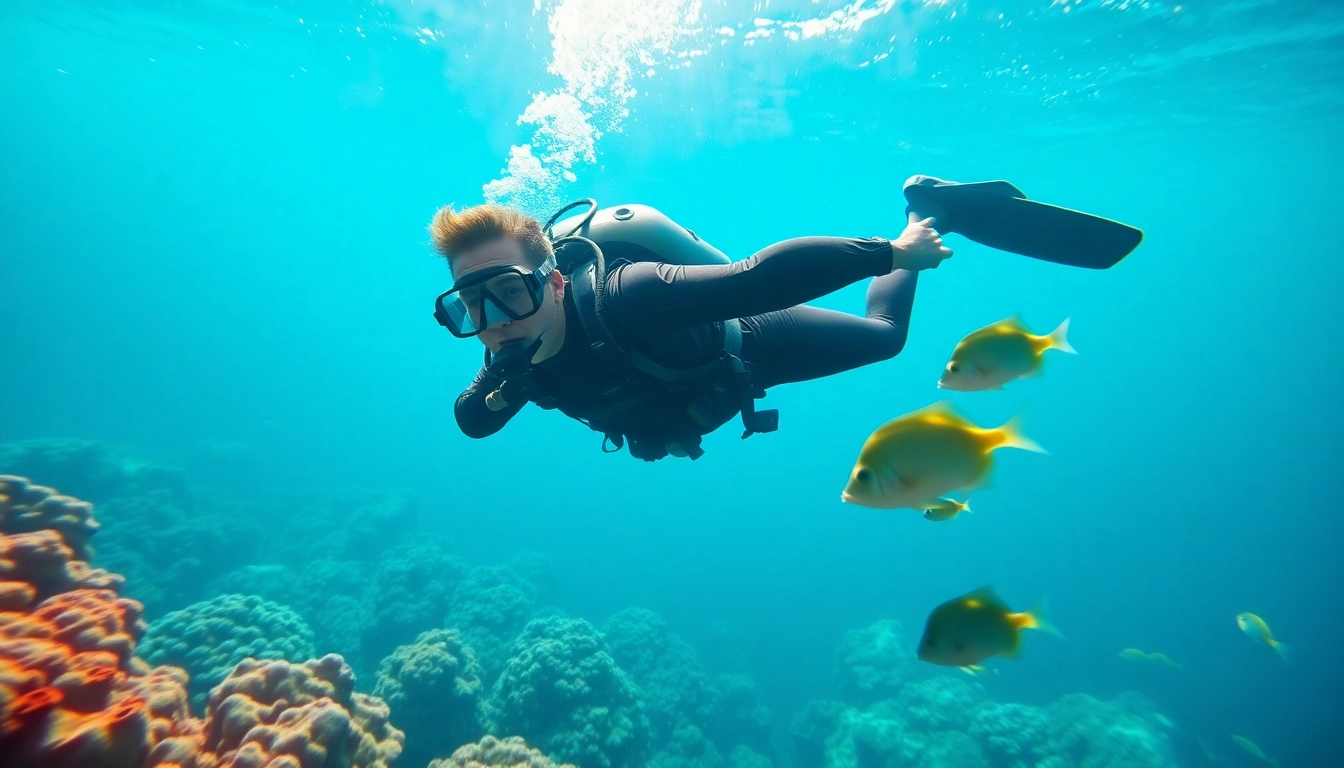 Schnuppertauchen: Diver exploring underwater reefs with vibrant marine life.