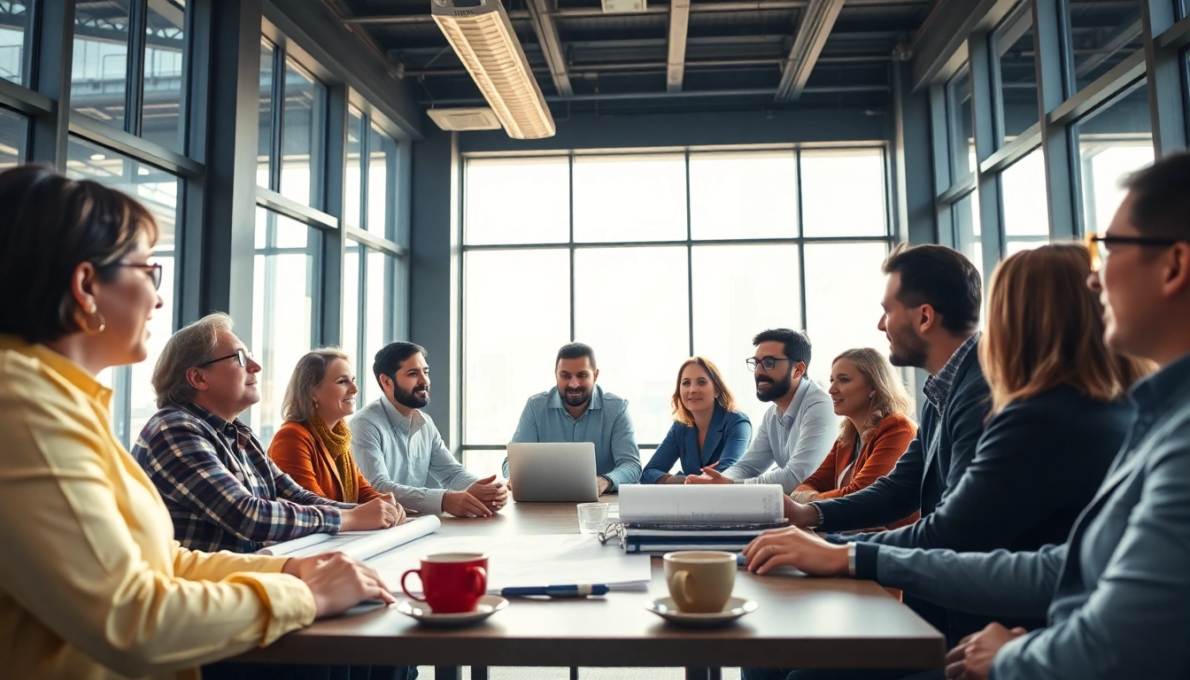 Engaged team discussing construction advocacy strategies in a bright office setting.