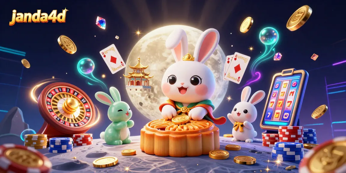 Permainan slot janda4d yang menampilkan karakter kelinci bulan dengan koin emas dan penanda.