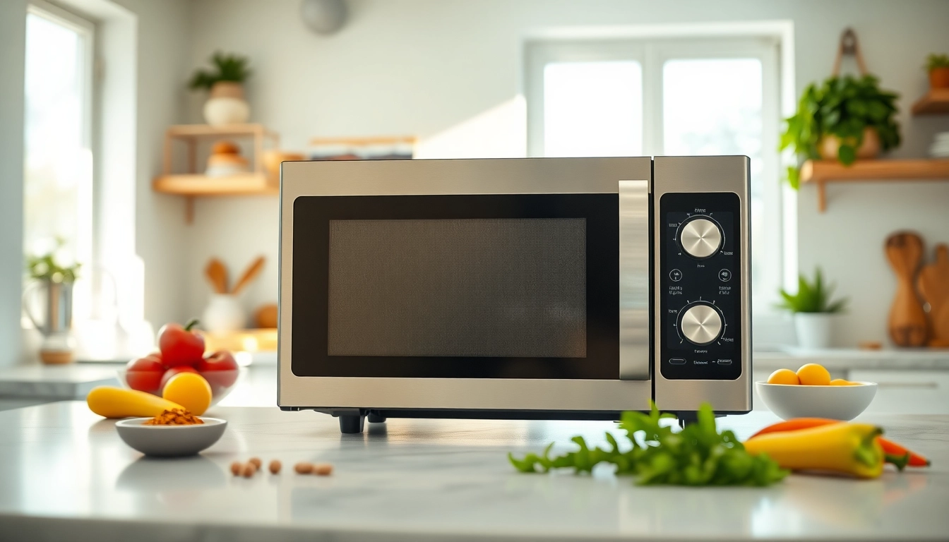 Cooking with a modern microwave oven displaying fresh ingredients and a bright kitchen backdrop.