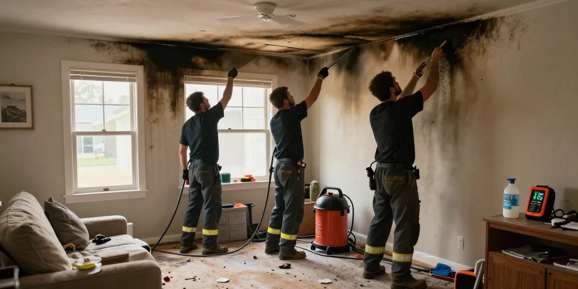 Fire damage restoration services in action, team cleaning soot from residential walls