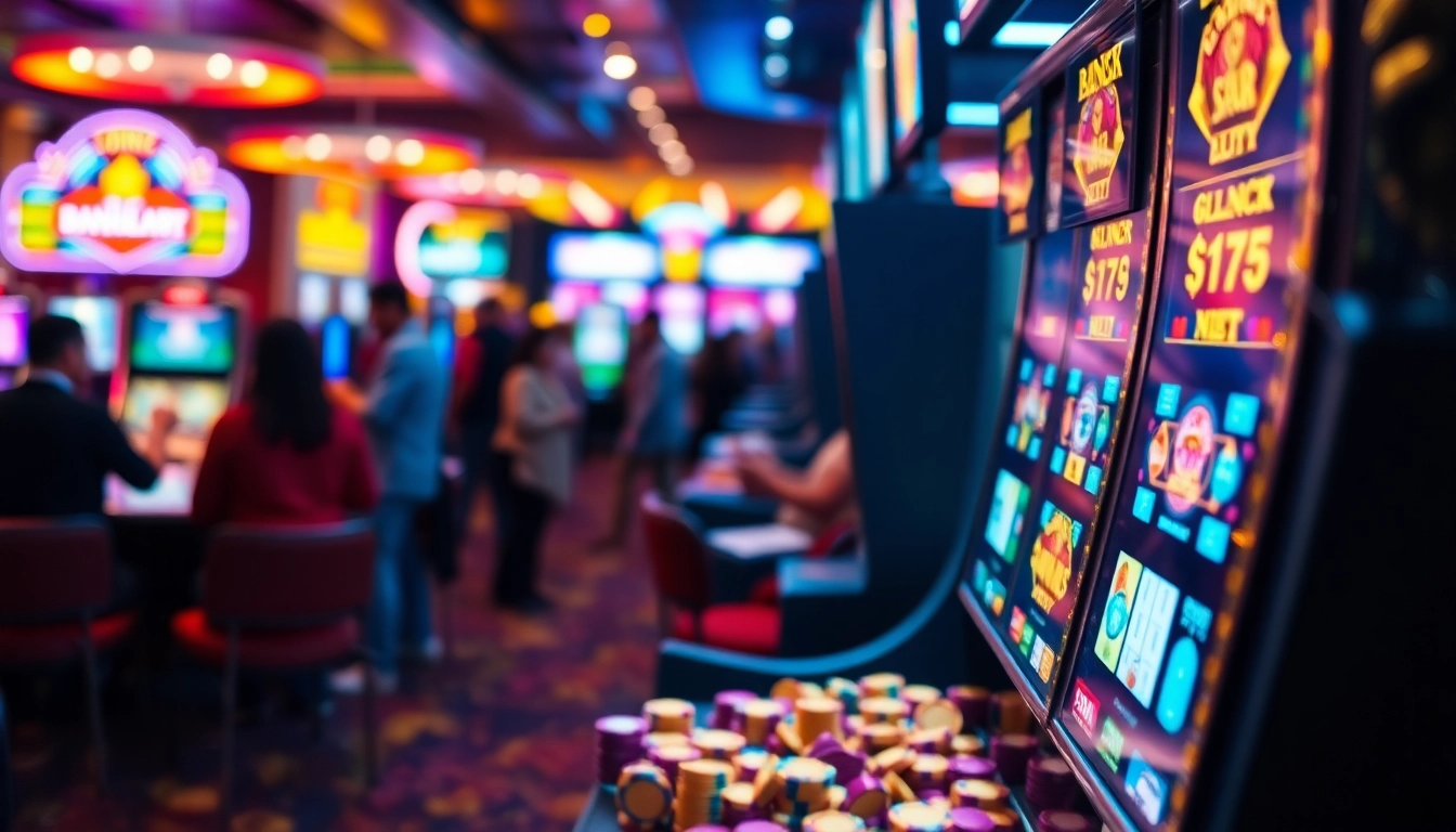 Menang di bandar slot yang cerah dengan mesin slot berkilau dan kerumunan pemain di kasino.