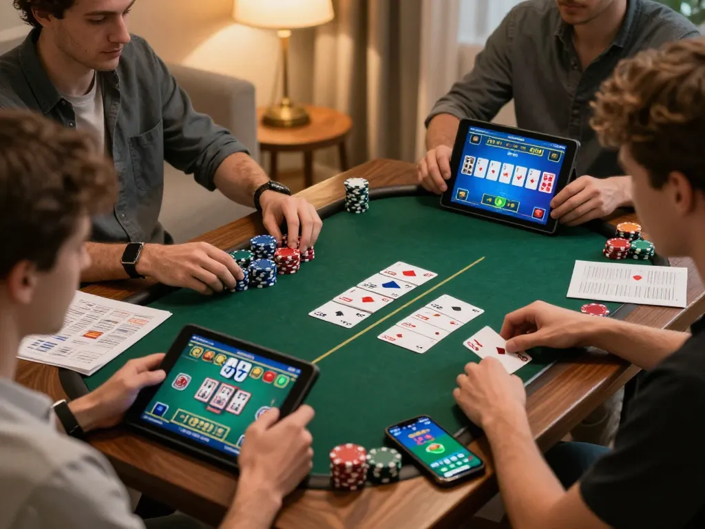 Players engaging in the online poker game with alexis77 app on their tablet for a strategic home gaming experience