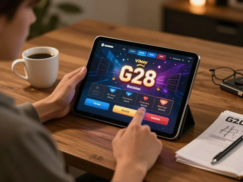 Engaging with G28 online casino app on tablet in cozy home setting, showcasing responsible gaming.