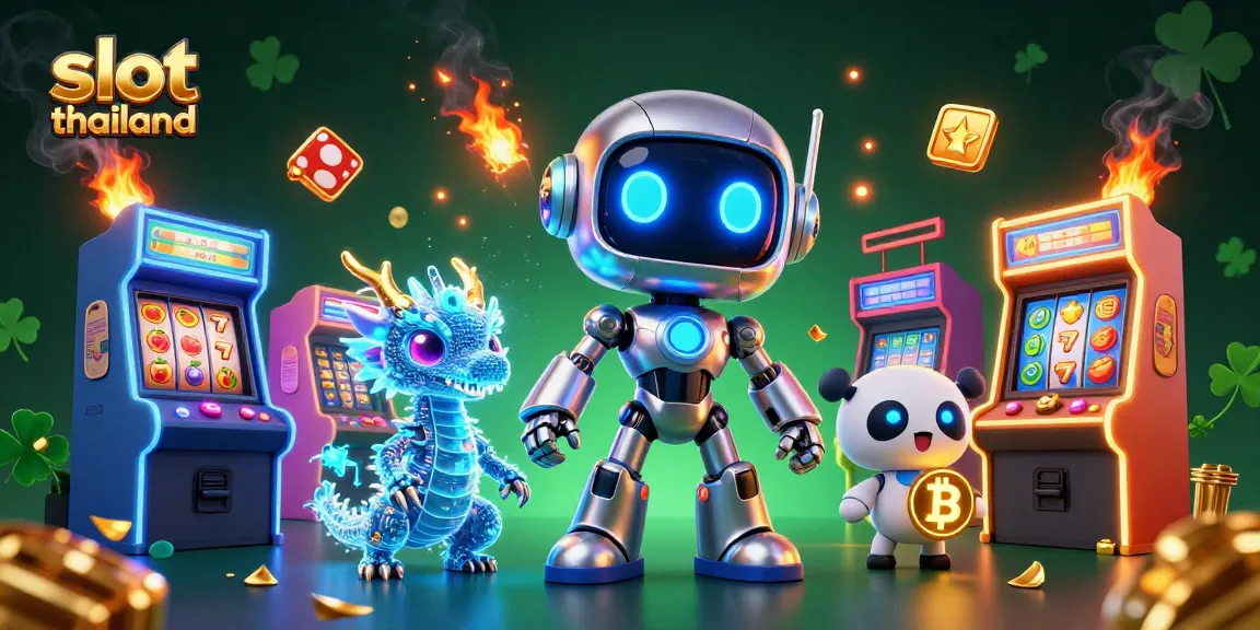 Experience slot thailand action with a cyberpunk robot and dragon in vibrant 3D casino illustration.