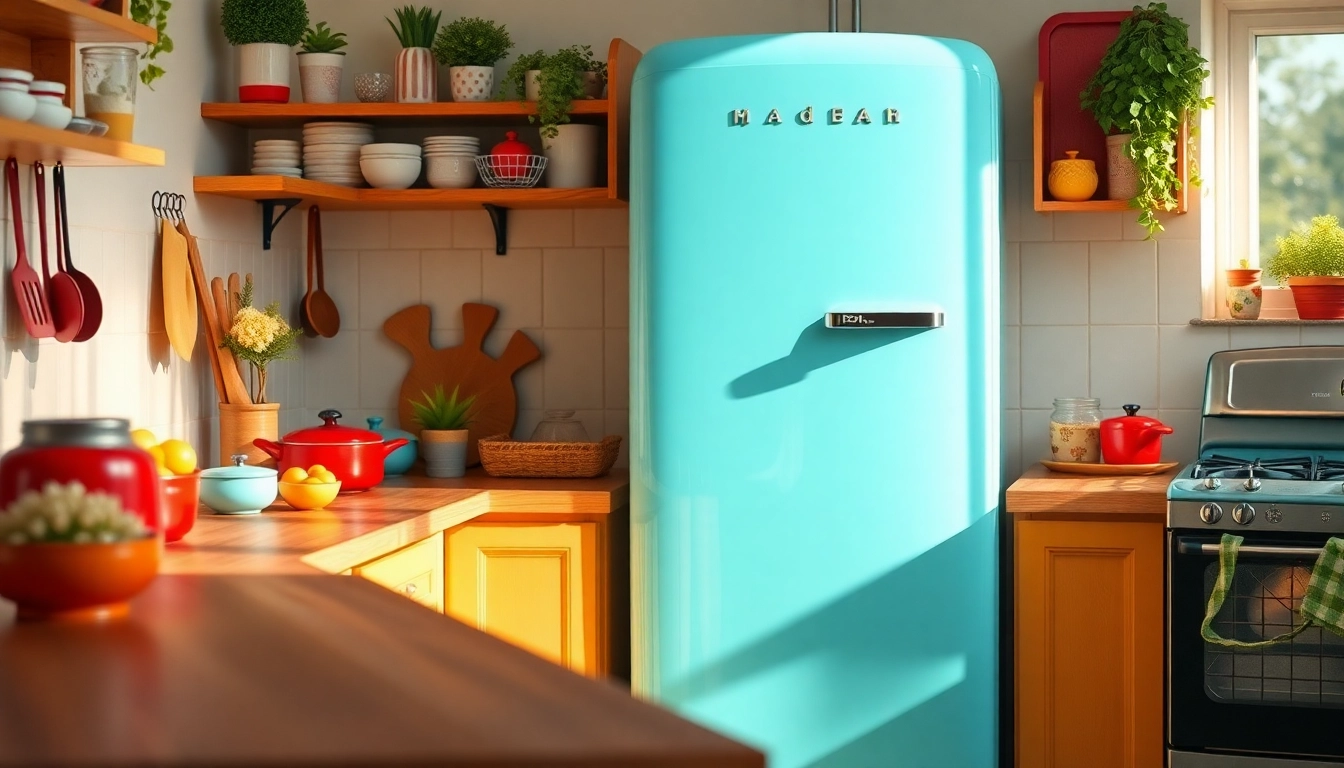 Retro appliance refrigerator with vintage decor in a charming kitchen setting.