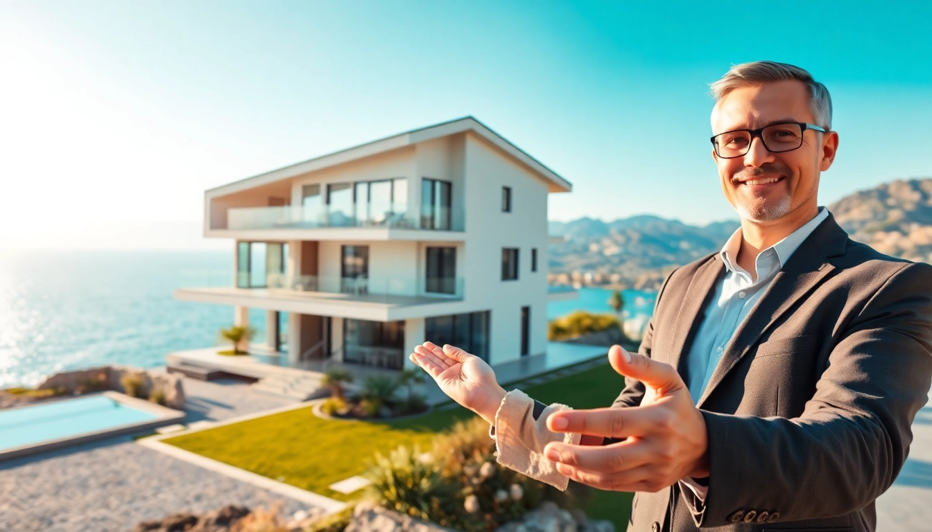 Showcase alanya turkey homes for sale with a real estate agent amidst Alanya's scenic coastal view.