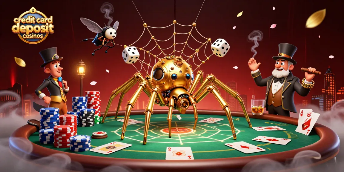 Engaging scene showcasing credit card deposit casinos featuring steampunk spider and poker elements.