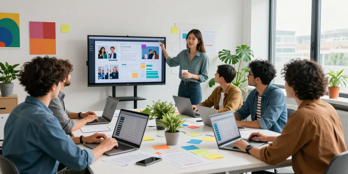 Dynamic scene of a digital marketing agency KL team collaborating on strategies with laptops and creative materials.