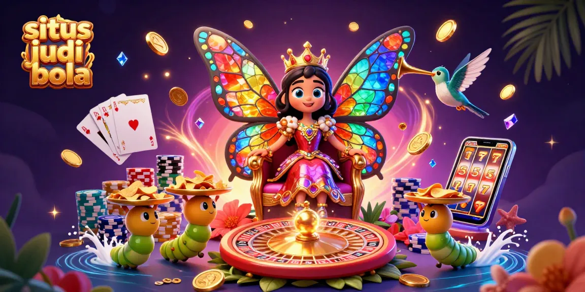 Experience thrilling games like situs judi bola with a vibrant butterfly queen surrounded by riches.