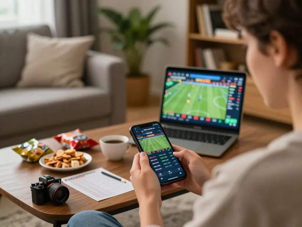 The user engages in sports betting at https://nddo.org, focused on smartphone with live game odds displayed, cozy setting.