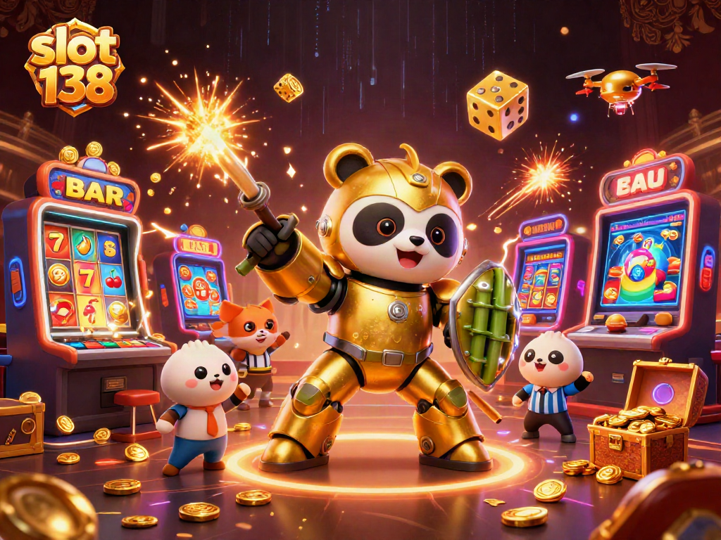 Engage with slot 138 in a thrilling casino scene featuring an explosion of winnings and dynamic characters.