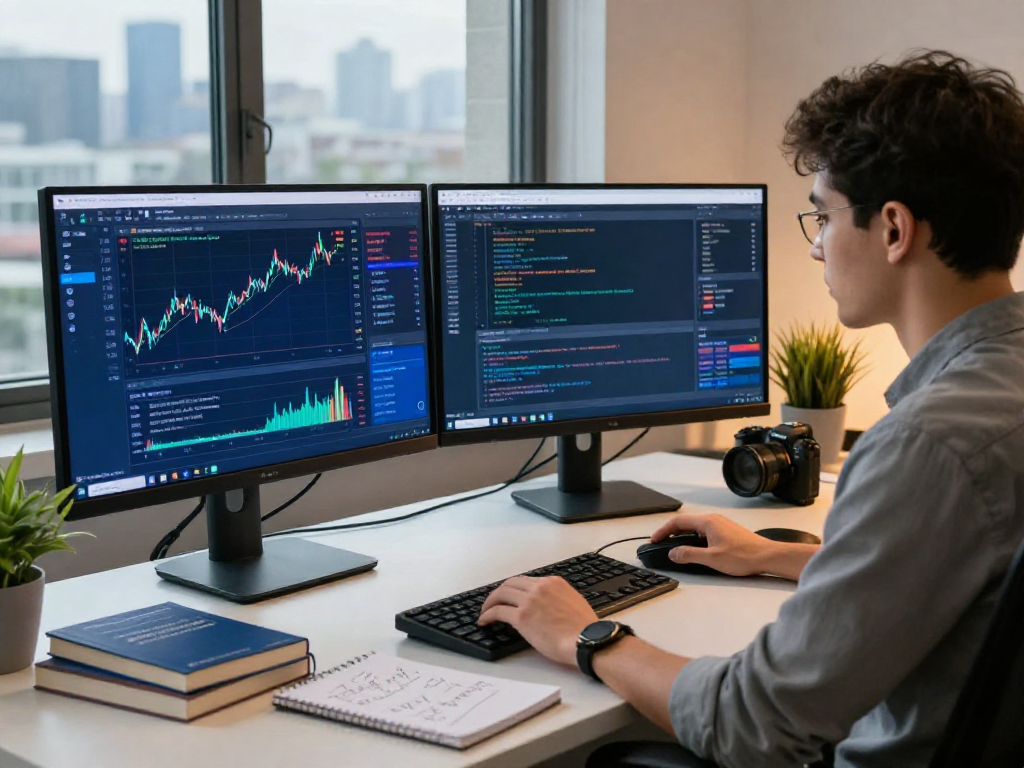 Developer analyzing HK stock fundamental data API in a modern workspace.