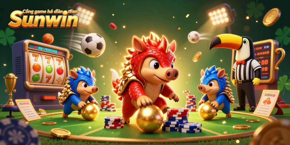 Cổng game bài đổi thưởng Sunwin showcases rival pangolins in a dynamic casino scene with vibrant game elements and trophies.