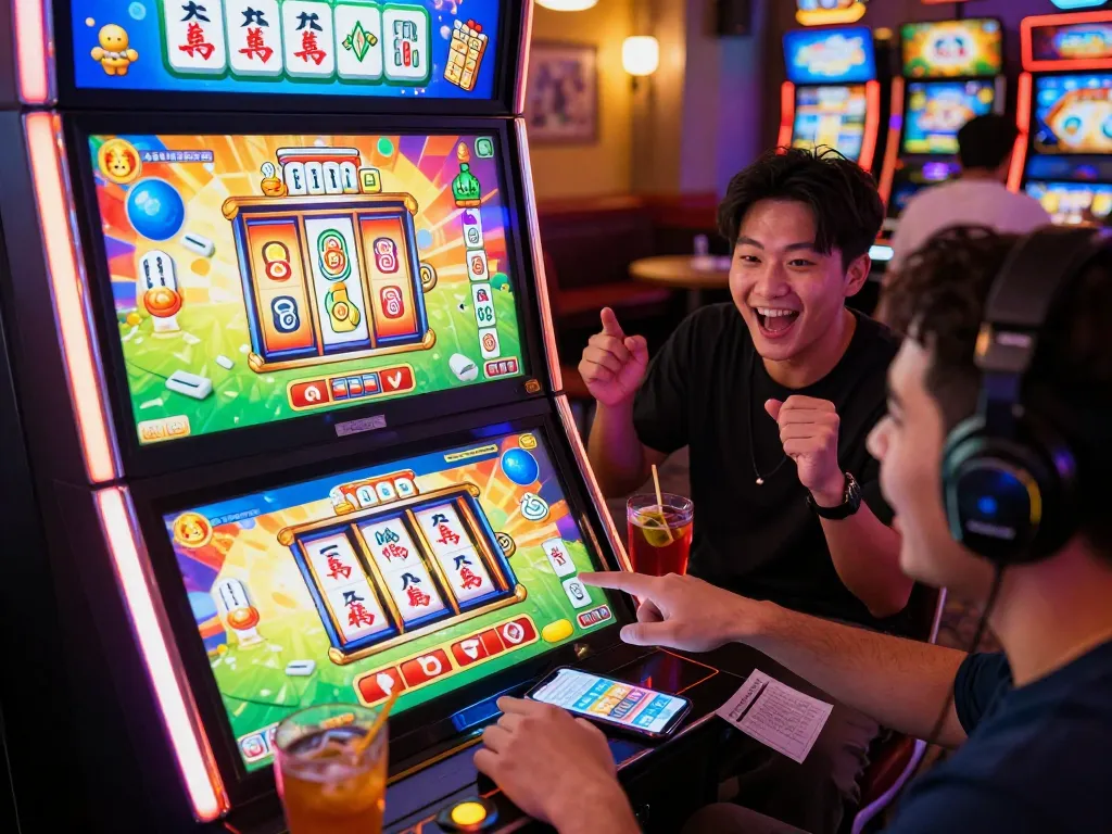 Engaging players enjoying slot mahjong with colorful displays while pressing spin button in a lively online casino.
