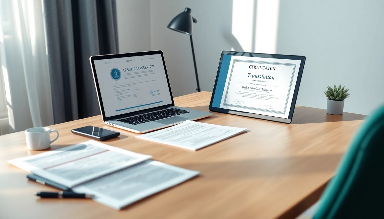 Tłumaczenie przysięgłe workspace showcasing a translator's desk with documents and certification.