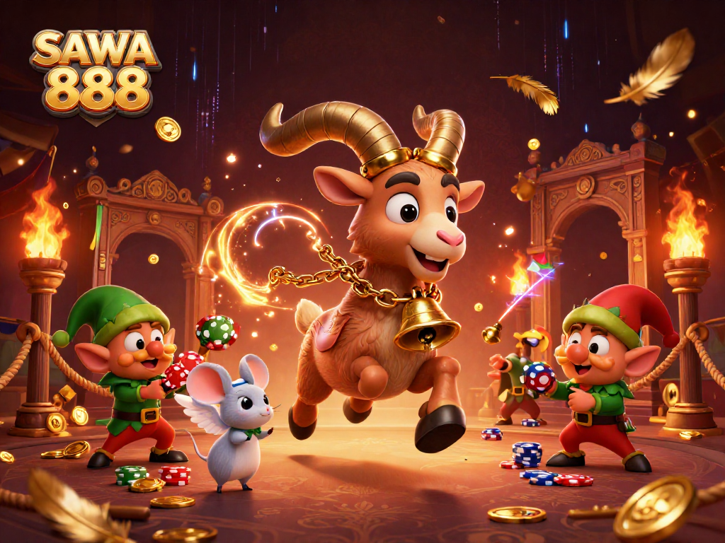 Experience thrilling gambling action with SAWA 888 featuring unique 3D characters in a festive casino.