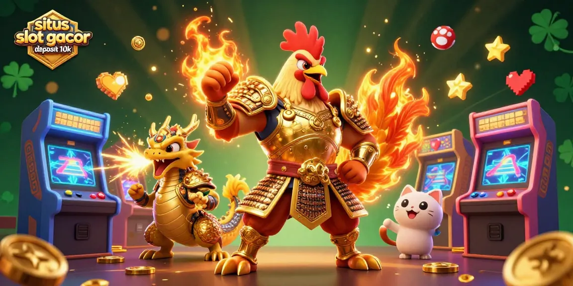Spin the reels with situs slot gacor deposit 10k in a vibrant 3D casino scene featuring a warrior rooster, dragon, and fortune cat.