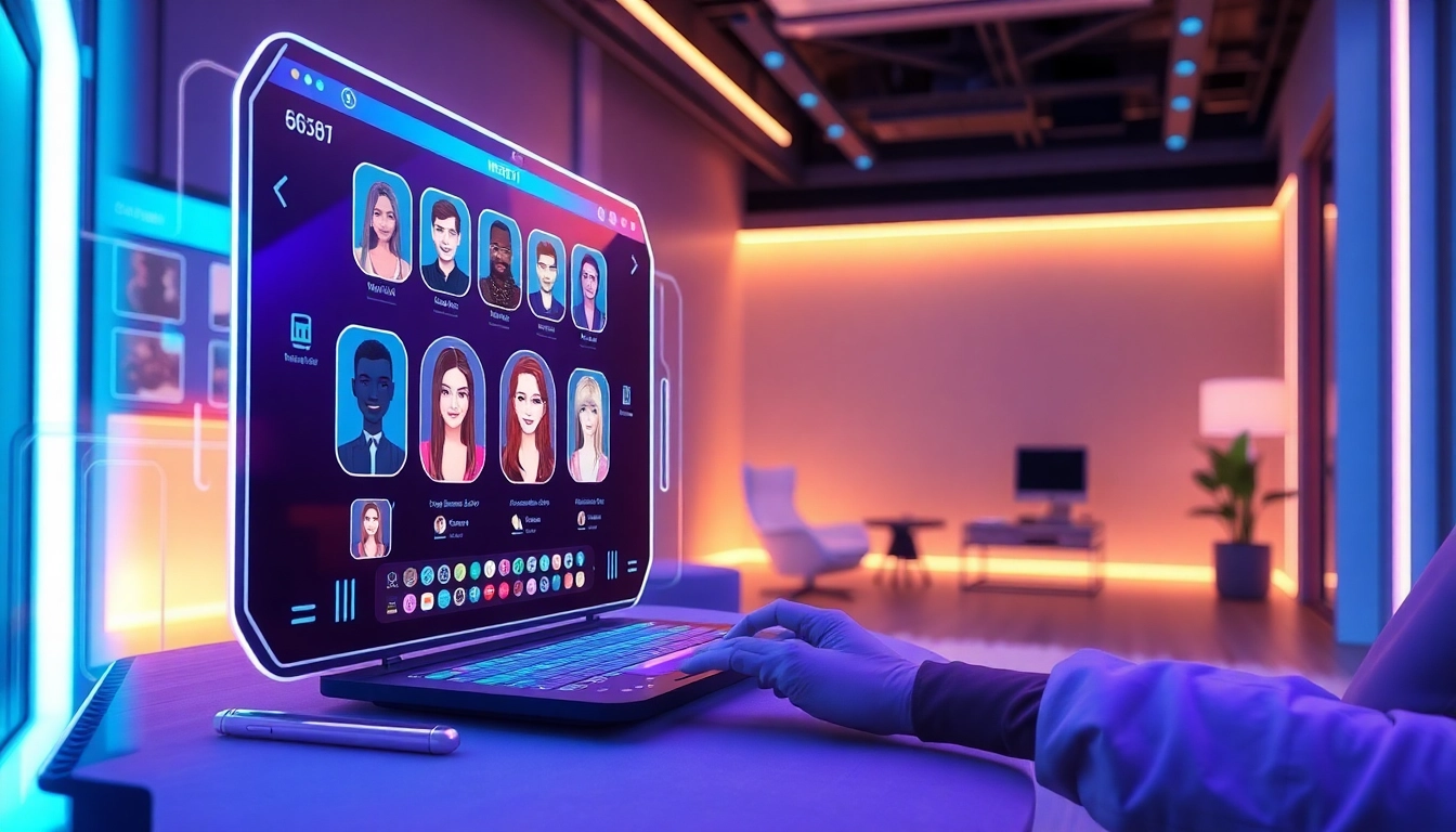 Interactive NSFW AI chat featuring advanced digital avatars in a modern, inviting tech setting.