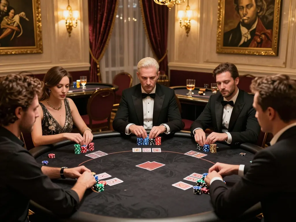 Experience high-stakes gameplay at MM88 poker table surrounded by luxury in a VIP casino atmosphere.