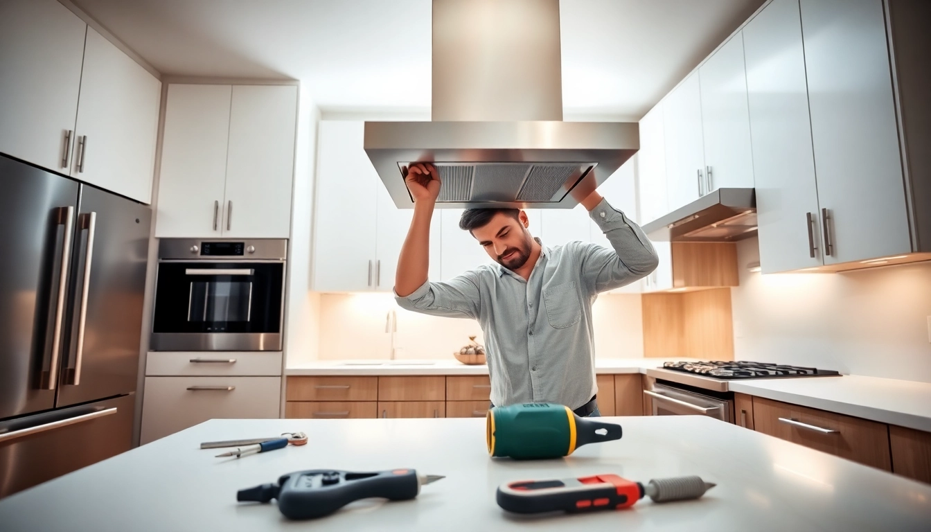 Exhaust hood installation process in a modern kitchen setting featuring stainless steel appliances.