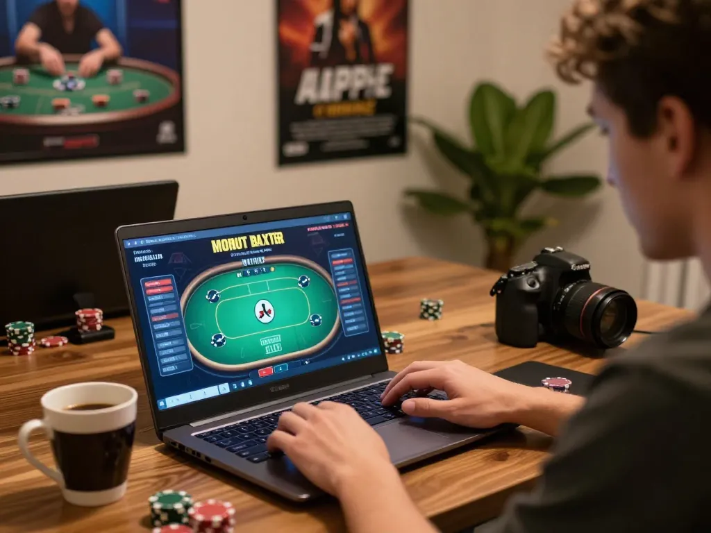 Engaging with sunwinapk on a laptop, showcasing intense poker gameplay in a cozy setup.