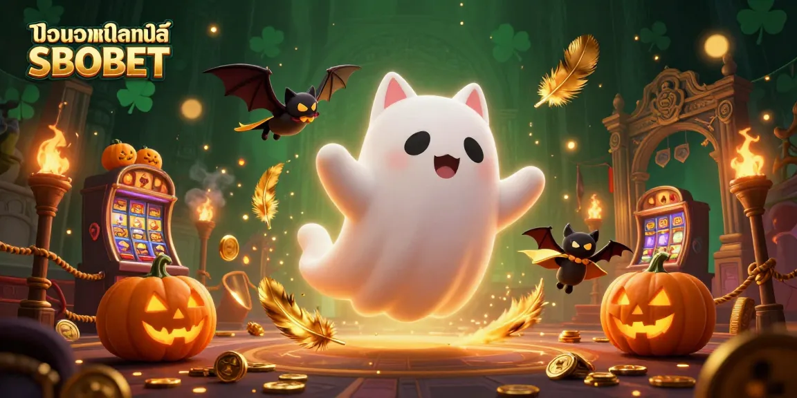 Engaging แทงบอลออนไลน์ SBOBET 3D illustration showing a friendly ghost cat in a lively casino scene.