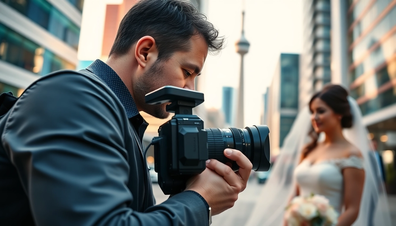 Edmonton videographer capturing wedding moments in an urban setting with notable city landmarks.