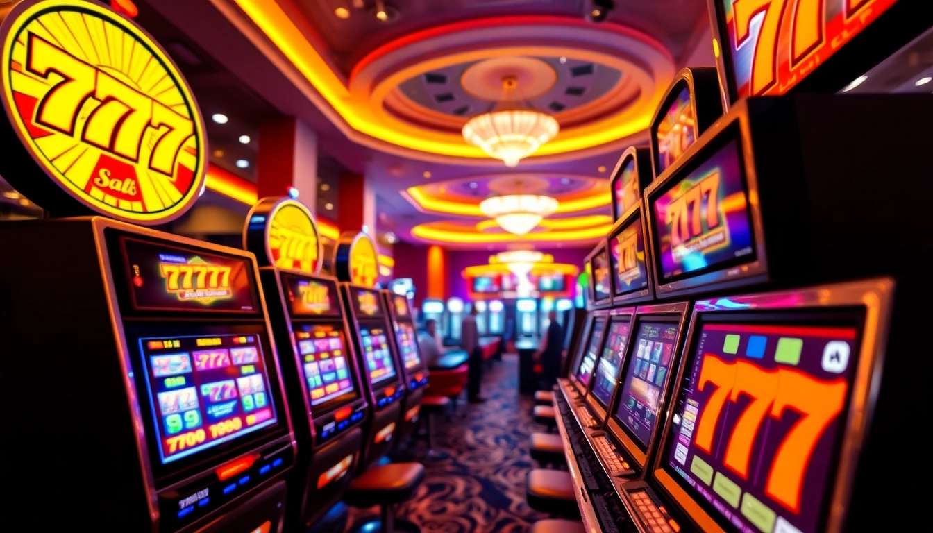 Slot 777 menggiurkan dengan mesin slot berkilau di kasino yang ramai