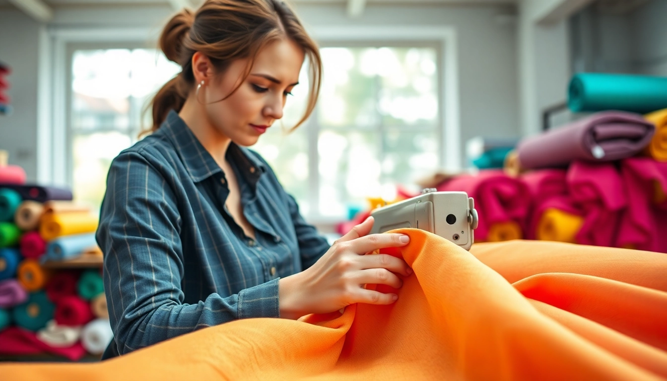 Dames stoffen online in een kleurrijke stoffenwerkplaats met een vakkundige naaister.