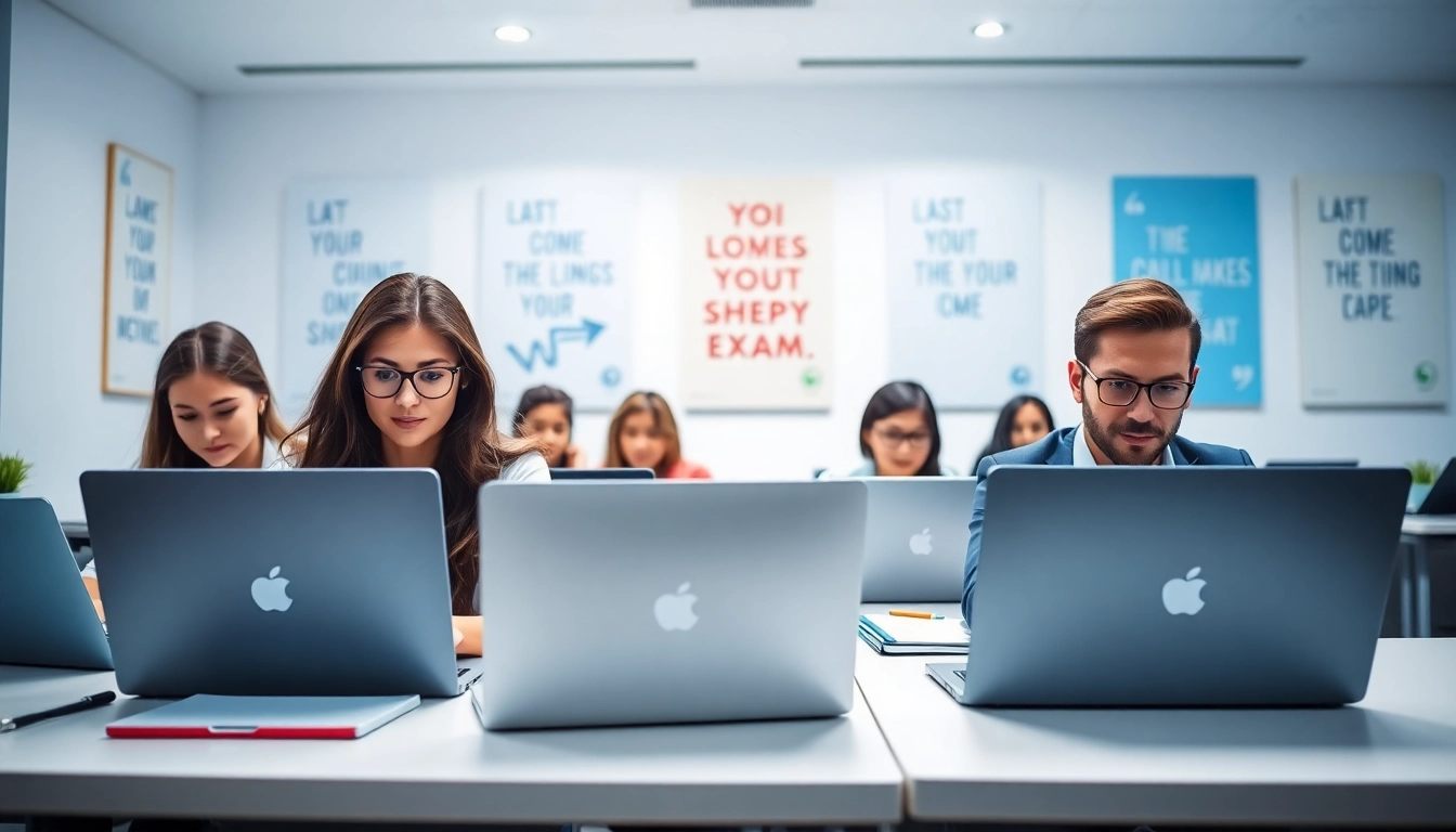 Taking online exams help in a bright study space with students focused on their laptops.
