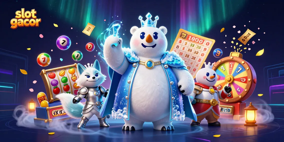 Experience slot gacor excitement with a cartoon polar bear king and snow fox amid dynamic gaming elements.