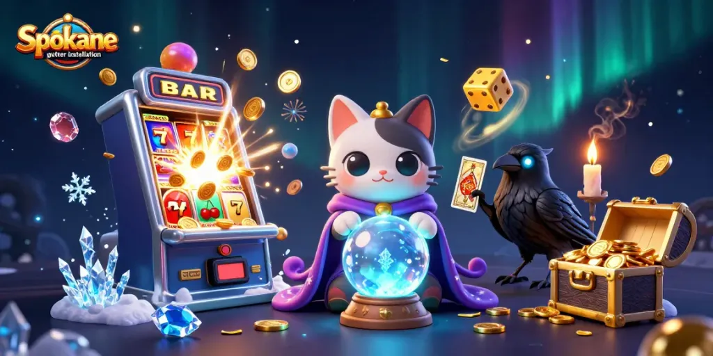 Win big with Spokane gutter installation in this vibrant 3D casino illustration!