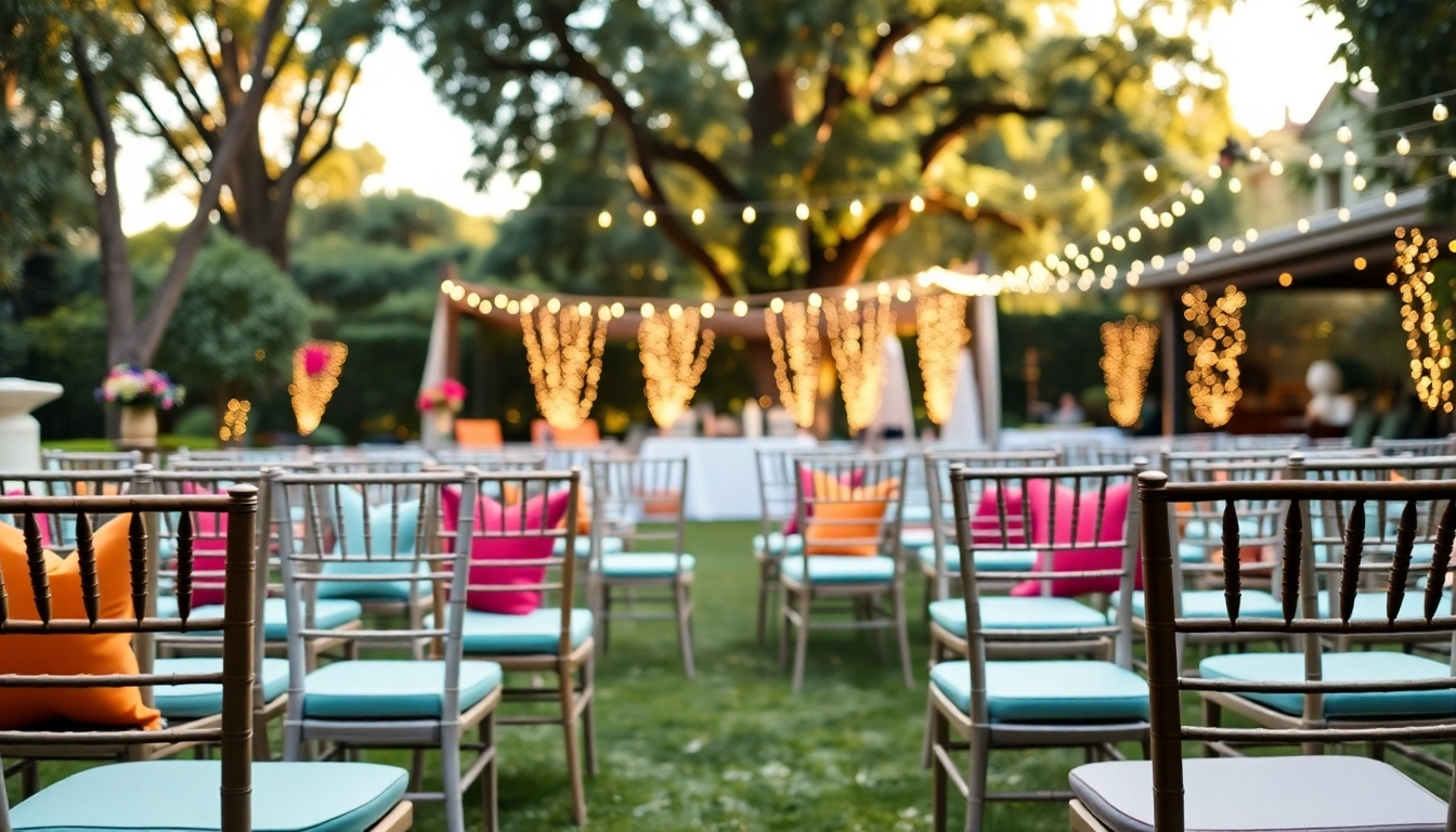 Elegant chair rentals displayed in a vibrant garden setting.