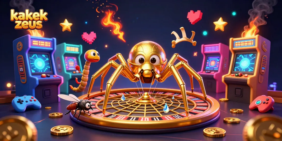 Experience thrilling wins with the lively kakek zeus spinning a roulette web in this vibrant casino illustration.