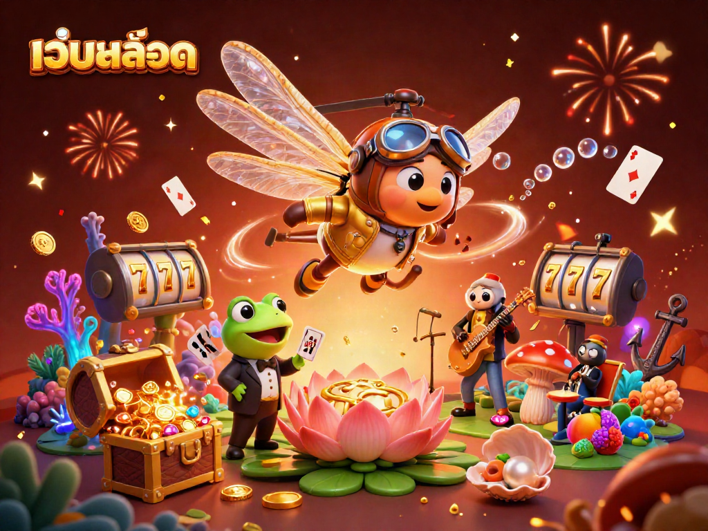 Engage in thrilling เว็บสล็อต action with our vibrant casino scene featuring a cartoon dragonfly pilot.