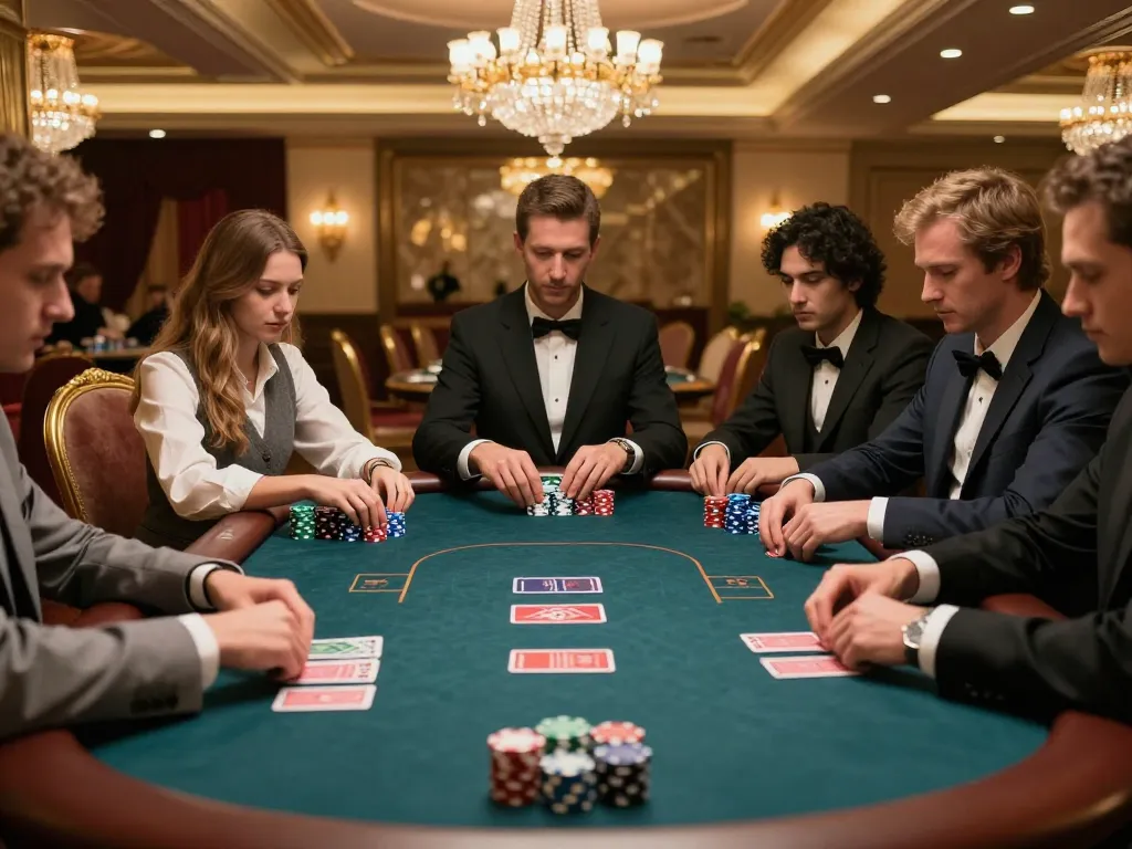 Intense poker game at a luxurious casino showcasing XX88 high-stakes action with players engaged.