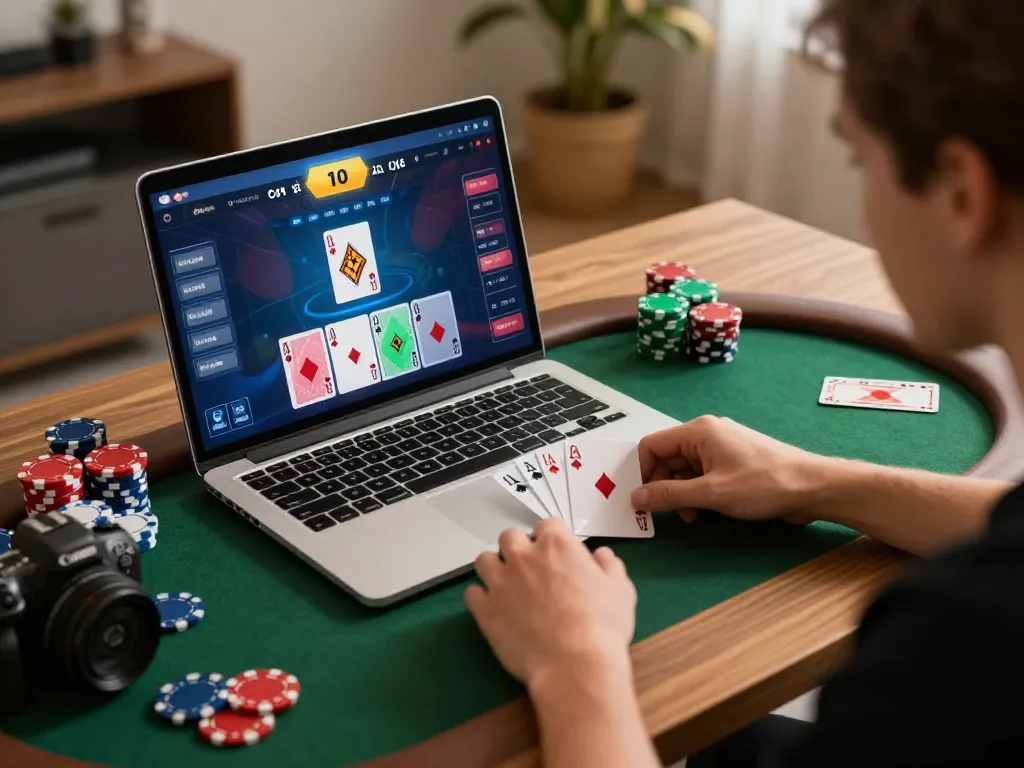 Engaging online เว็บสล็อต game interface with colorful cards and chips in a cozy home setting.