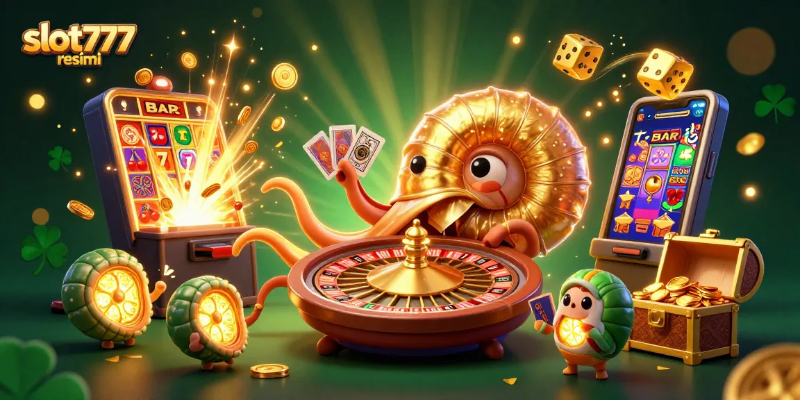 Experience exciting wins with slot777 resmi, featuring a vibrant 3D casino scene filled with games and jackpots.