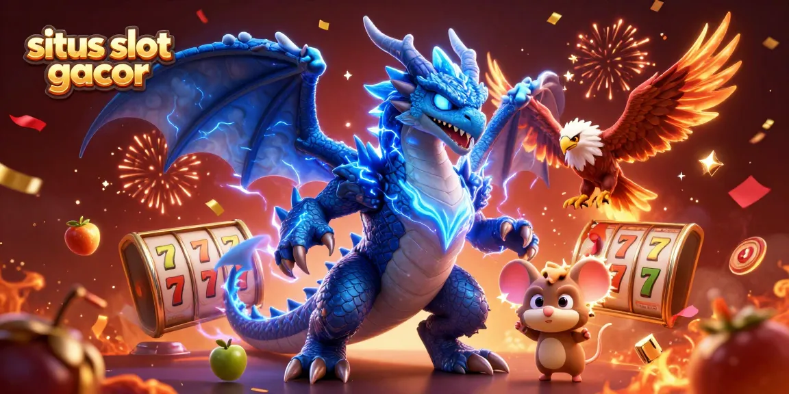 Experience the excitement of situs slot gacor with dynamic slot reels and characters celebrating a jackpot.