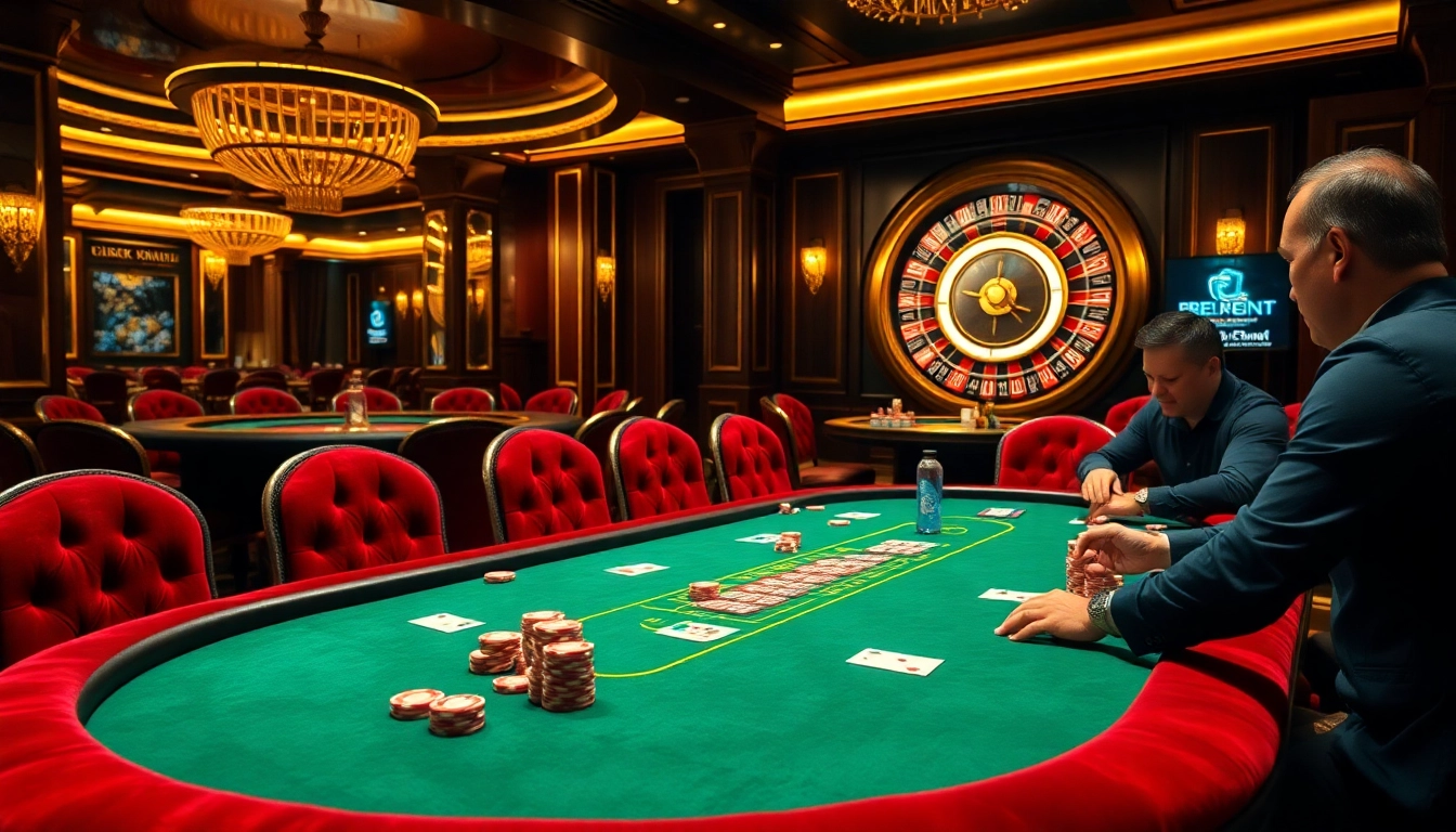 Rebahin-themed luxurious casino setting featuring a high-stakes poker table and roulette.