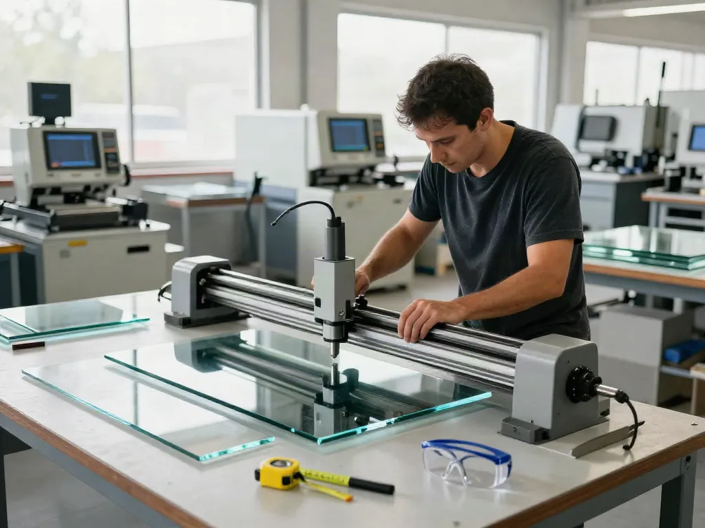 Eworld Machine technician using a glass cutting machine in a bright workshop.