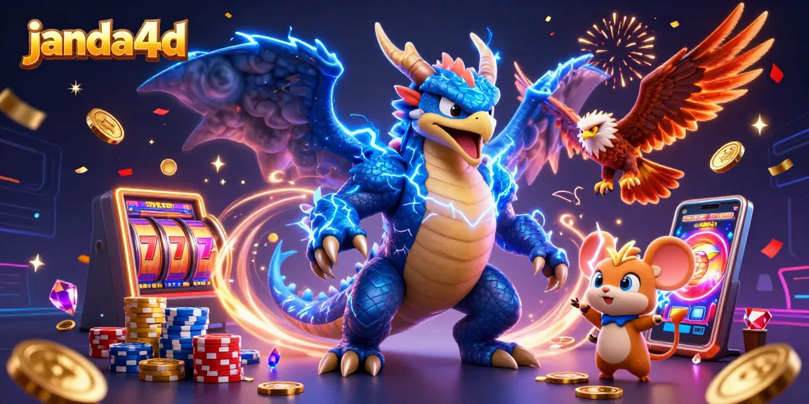 janda4d beraksi dengan mesin slot penuh gemerlap dan koin emas terbang di sekitar karakter gaming yang mengasyikkan.
