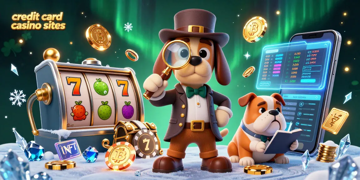 Enticing scene highlighting credit card casino sites with a detective dog duo discovering treasures amidst vibrant game motifs.