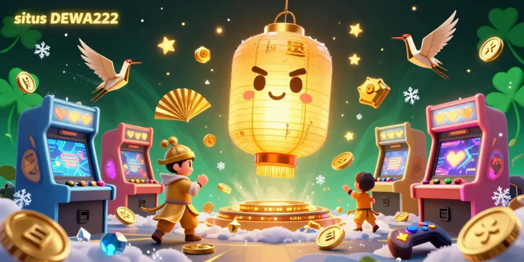 Experience the thrill of gaming at situs DEWA222 with colorful casino elements and golden characters.