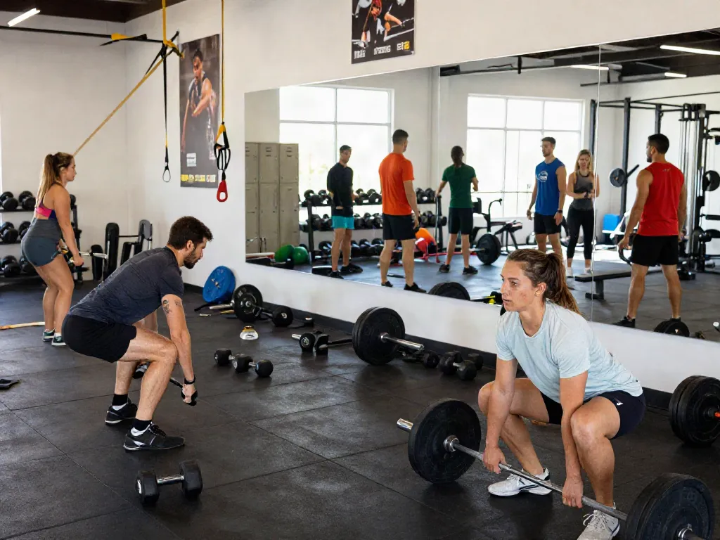 Group of athletes in a dynamic gym, focusing on steroidi anabolizzanti legali italia for building strength and muscle.