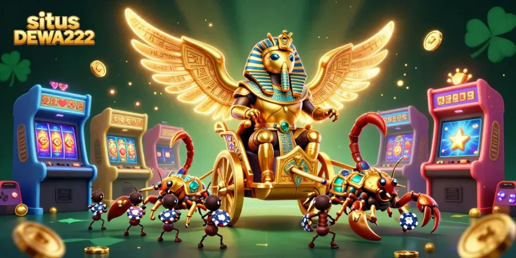 Engage in thrilling games at situs DEWA222 with vibrant 3D illustration showcasing exciting casino elements.
